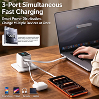 Pengisi Daya Cepat GaN 70W 3 Port dengan Kabel Tipe-C yang Dapat Ditarik PD QC3.0 Pengisi Daya USB Multi-port untuk Laptop, Ponsel, Tablet