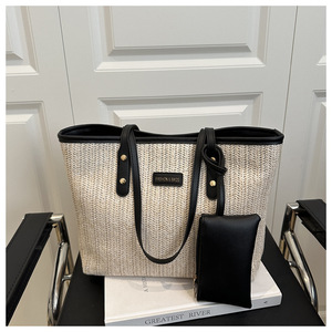 Sac à main tressé tendance été 2026 KH avec <span class=keywords><strong>pochette</strong></span> assortie, sac de plage <span class=keywords><strong>chic</strong></span> <span class=keywords><strong>en</strong></span> <span class=keywords><strong>paille</strong></span>, grand sac à bandoulière de grande capacité avec garniture <span class=keywords><strong>en</strong></span> PU - Product Image 2