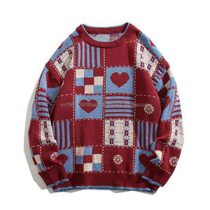Suéter Retro a Cuadros con Corazón, Cuello Redondo, para Hombre y Mujer, Personalizado, Holgado, Estilo Estudiantil, de Moda, para Parejas, Tejido - Product Image 1