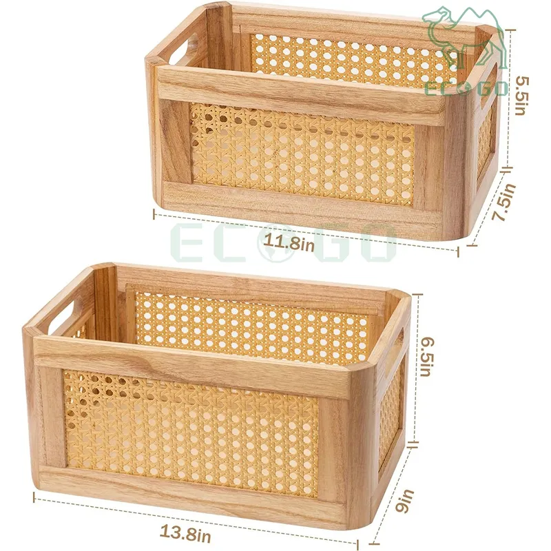 Fancy Rattan Storage Baskets for Shelves Rectangle Wicker Box for Organizing Wood Woven Storage Baskets with Handles Decorative