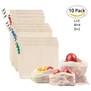 थोक 10 जाल बैग-10 पैक तीन आकार शुद्ध बैग कपास जाल बैग के लिए सब्जियों फल