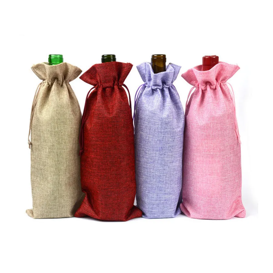 Custom halloween drawstring christmas gold stamping beer bottle packing wine jute bag