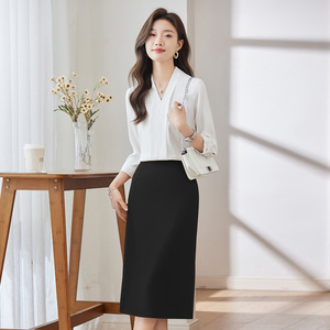 Women's White Chiffon Blouse Three Quarter Sleeve V Neck Professional Workwear Shirt Solid Color Polyester Fabric - Product Image 2