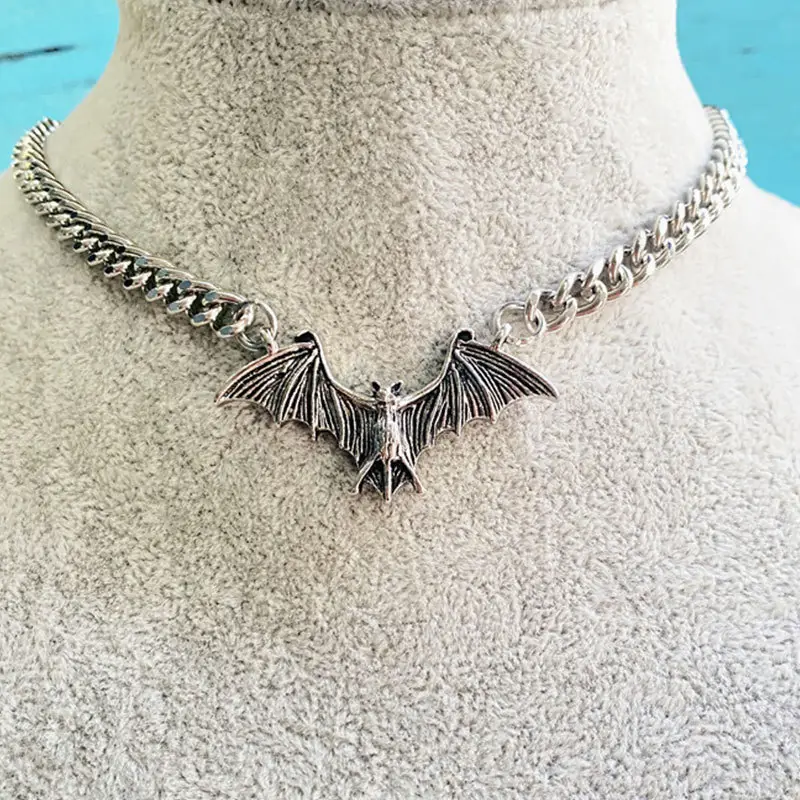 Cuban Link Chain Goth Gothic Grunge Rock Silver Metal Halloween Jewelry Choker Wings Bat Pendant Necklace Men Women