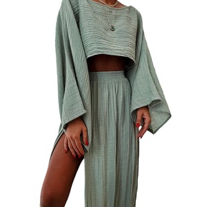 Casual Vacation Short Top High Waist Slit Cotton <b>Linen</b> Skirt Women's 2 Piece <b>Set</b> Fashion - Product Image 4