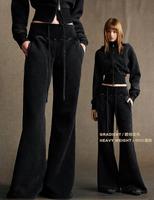 Pantalon de survêtement pour femme, 400g, en molleton brossé, taille mi-haute, devant plat, effet usé, noir, pattes d'éléphant, respirant