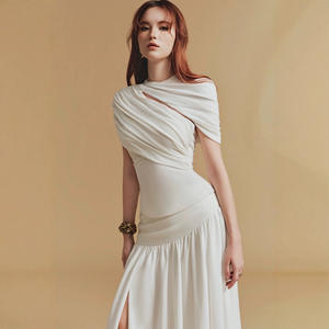 Abiti da donna semplici negozio di moda 2025 nuova moda estiva tinta unita plissettata bianca gonna lunga fino al pavimento - Product Image 2