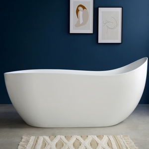 Bañera Ovalada Moderna Ergonómica de Acrílico Blanco Mate, Asimétrica, con Desagüe de Rebose, para Uso en Hoteles y Villas - Product Image 4