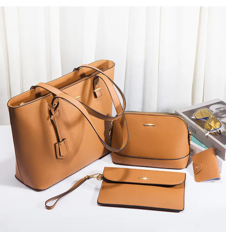 Fashion ladies hand bag set handbags 4 pcs leather mini plain black tote bag custom with zipper wallets and purses for women
