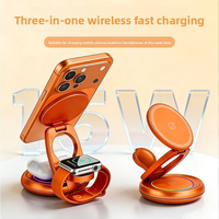 Support de charge rapide sans fil 3-en-1 en métal magnétique pliable et rotatif pour téléphones, montres et écouteurs, utilisation sur bureau, orange