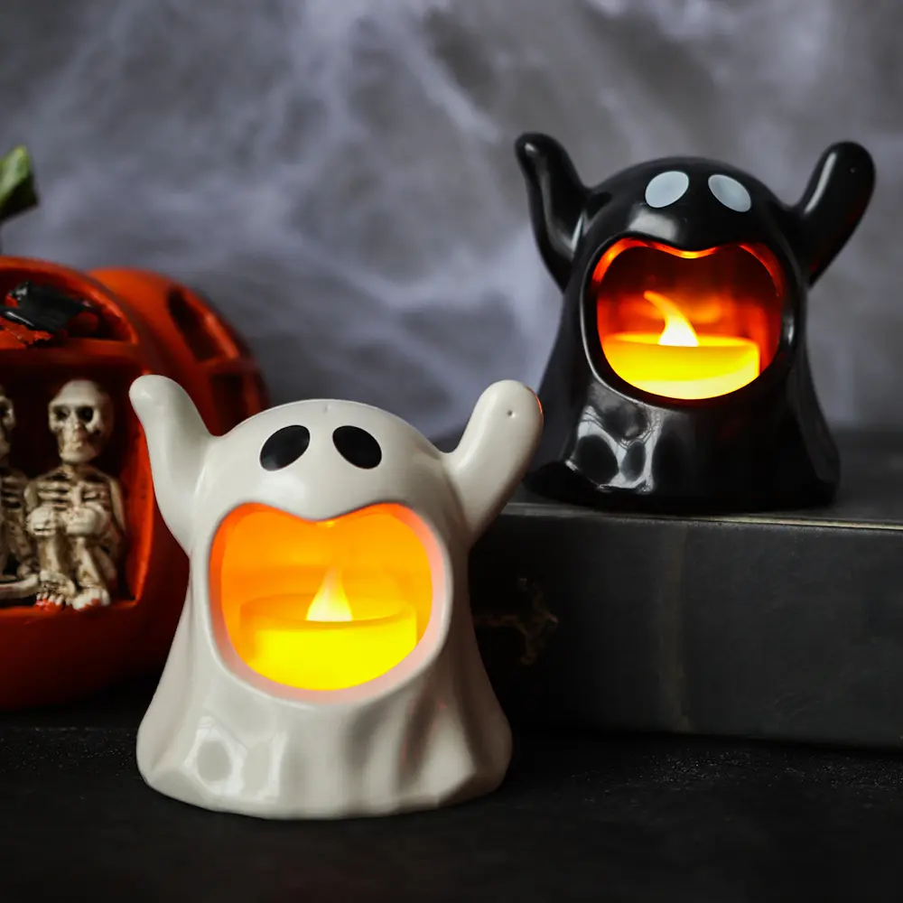 Bán Hot Halloween LED Nến điện tử đèn nhăn mặt ma đen trắng nhựa Tabletop phòng khách trang trí bên
