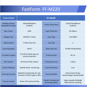 เครื่องพิมพ์โลหะ 3 มิติ FastForm รุ่น FF-M220 เทคโนโลยี SLM สำหรับงานอุตสาหกรรม แม่พิมพ์ งานฝีมือ ขนาดใหญ่ หัวพิมพ์คู่ ปรับระดับอัตโนมัติ หลายแกน เชื่อมต่อผ่าน USB - Product Image 4