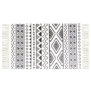 出厂价摩洛哥手工编织地垫波西米亚风设计印花地毯棉麻亚麻几何客厅垫子配流苏