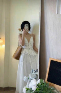 Conjunto de Dos Piezas: Camisola Blanca de Algodón Sólido y Falda Larga, Manga Larga, Sin Cuello, Transpirable, Corte Regular, Cómodo - Product Image 4