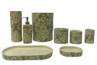 Ensemble de cinq pièces en céramique, moderne, écologique, motif vert, base en bois, accessoires de salle de bain personnalisés, nouvelle décoration de maison