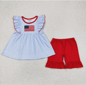 Sibling Embroidery <b>Flag</b> Baby Girls Blue <b>Checkered</b> Tunic Ruffle Shorts Clothes Sets Rompers - Product Image 2