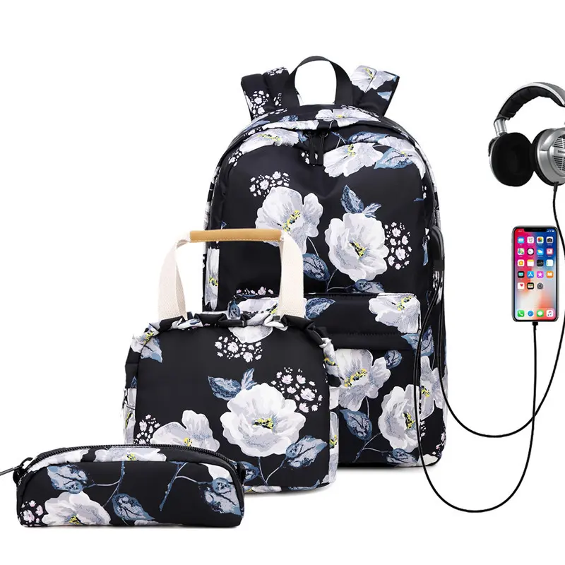 Sac à dos d'école avec port de charge USB pour adolescents, ensemble de sacs d'école à fleurs pour filles avec sac à lunch