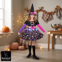 Costume d'Halloween pour fille sorcière à pois colorés, robe de fête pour enfants avec chapeau, tenue de scène