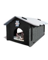 Maison pour chat en feutre de laine bicolore noir et gris, détachable, avec décor floral blanc, lit-cave pliable en feutre avec tapis en peluche doux