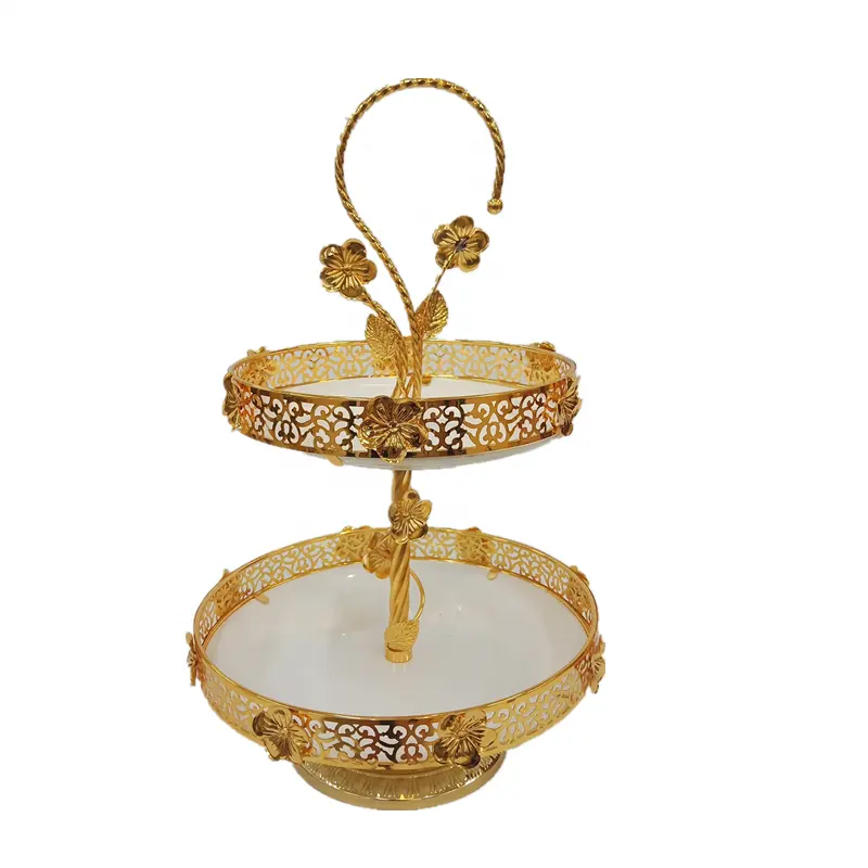 Arabische Ramadan Decoratie Gouden 2 Tier Keramische Snoep Schotel Met Handvat