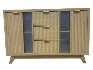 <span class=keywords><strong>Buffet</strong></span> à côtés cannelés avec 3 tiroirs aspect rotin, accents de porte en verre, poignées dorées - Product Image 6