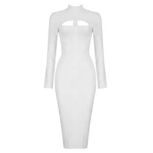 فستان ضيق ملاصق للجسم بأكمام طويلة وياقة مدورة وياقة متوسطة باللون الأبيض من المنتجات الجديدة