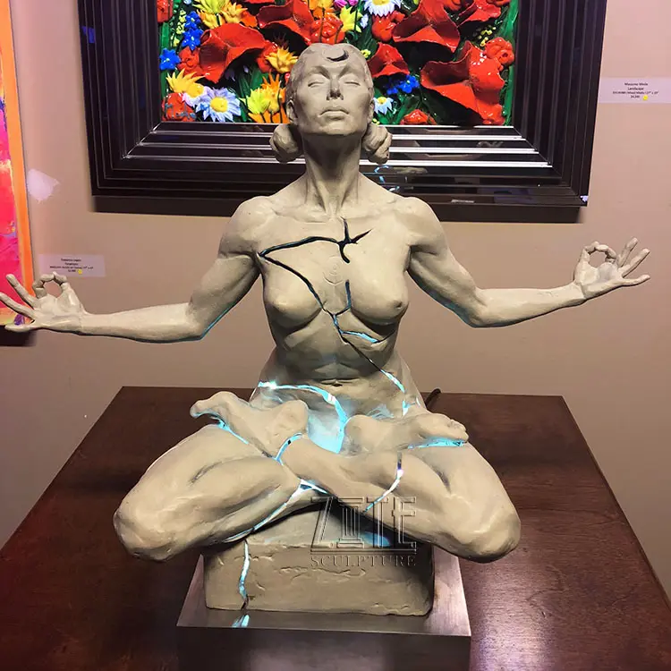 Arte expansão escultura de bronze de yoga sentada estátua com iluminação led