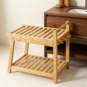 Natural Bamboo Bathroom Stool Double-Layer Drainage Waterproof Storage <b>Bench</b> for Home Bathroom - Product Image 3