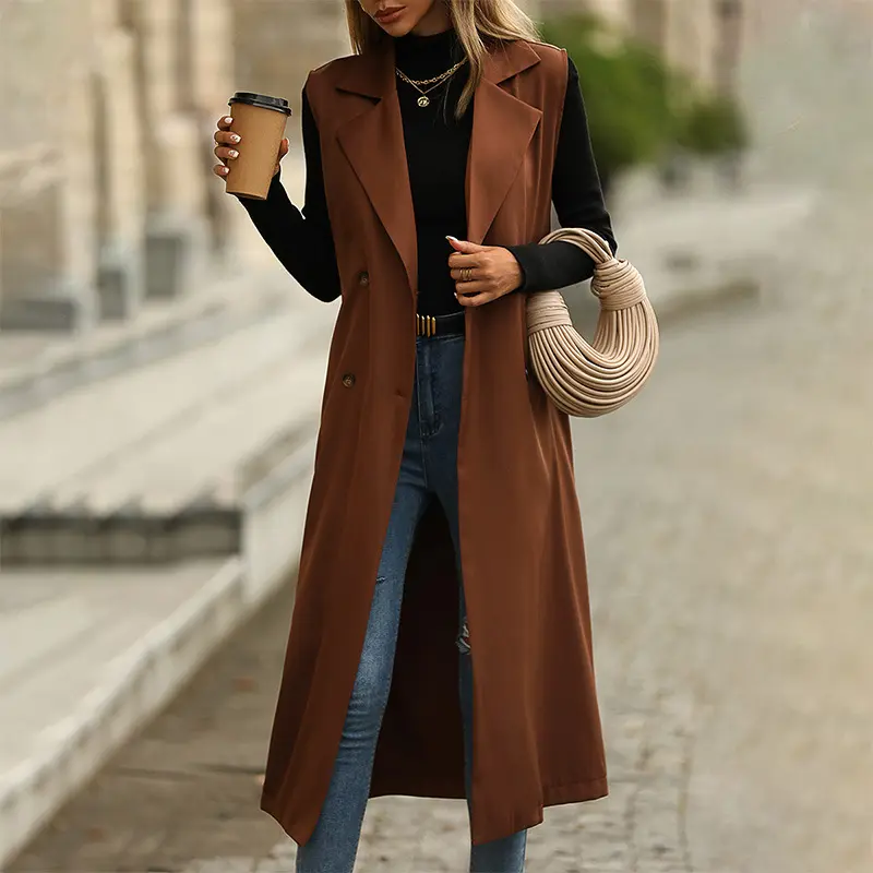 2023 Hot Selling Herbst und Winter New Damen Casual Coat Mode Polo Collar Ärmelloser einfarbiger Wind breaker Coat