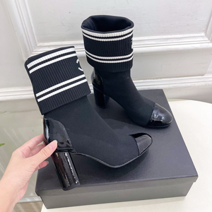 Designer Inspired Women's Knit <b>Sock</b> <b>Boots</b>, 2026 New Luxury Black Patent Toe Block Heel Ankle Booties - Product Image 1