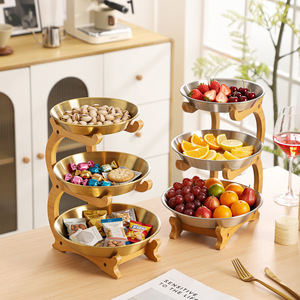 Stainless Steel Fruit <b>Plate</b> Multi Layer Dessert Snack <b>Rack</b> With Bamboo Frame For Serving Trays - Product Image 2