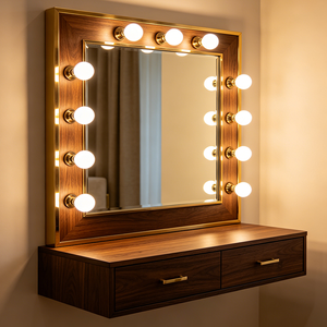 Coiffeuse murale flottante pour chambre à coucher avec miroir LED et panneau MDF, avec tiroirs - Vente en gros - Product Image 1