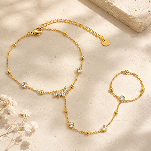 Pulsera de eslabones marquesa personalizada con circonitas y anillo, cadena de mano de acero inoxidable con oro PVD de 18K, impermeable, joyería de mano para mujer al por mayor - Product Image 3