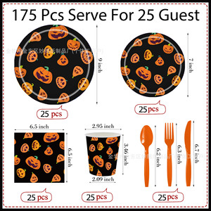 Halloween Disposable Paper Plates <b>Cups</b> Napkins <b>Set</b> With Pumpkin Design For Party Supplies - Product Image 2