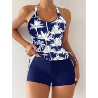 Baju Renang Wanita, Tank Top Racerback Tanpa Lengan Motif Pohon Kelapa Dengan Celana Pendek Polos, Baju Renang Dua Potong Model Sederhana