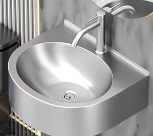 Évier mural en acier inoxydable à cuve unique, finition brossée, design industriel rond, facile à nettoyer, pour salle de bain - Product Image 1