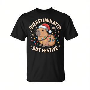 Camiseta con diseño navideño de Capibara, estilo meme, con la frase 'Overstimulated But' - Product Image 2