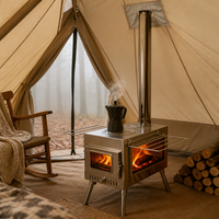 Poêle de camping portable en acier inoxydable avec grande fenêtre latérale en verre, supports latéraux pliables, poêle à bois