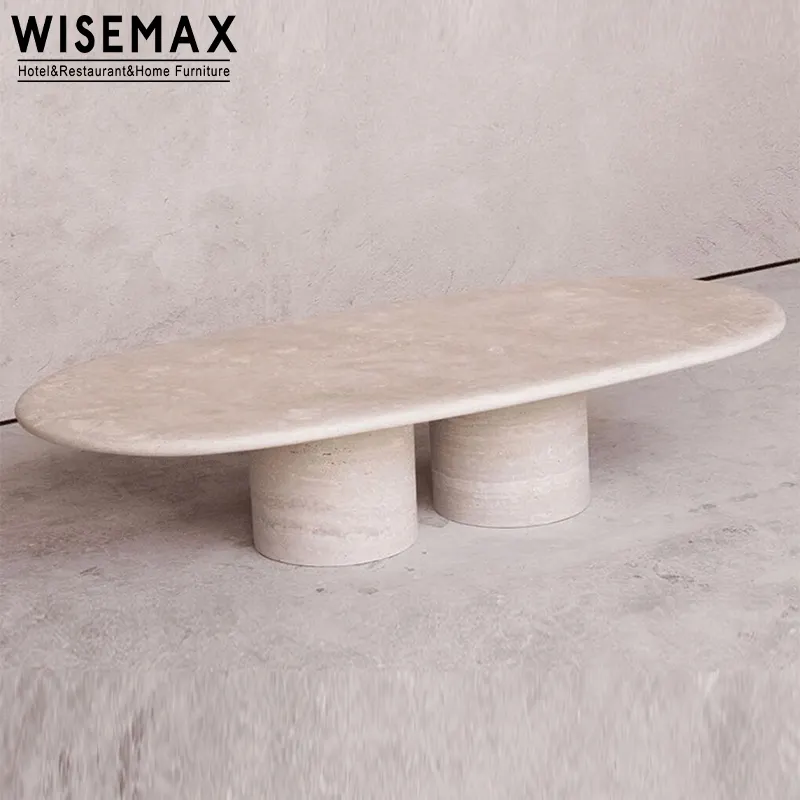 WISEMAX फर्नीचर समकालीन कमरे में रहने वाले फर्नीचर अंडाकार travertine कॉफी टेबल संगमरमर चाय टैब के साथ दो स्तंभों आधार