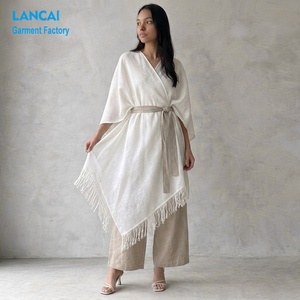 <span class=keywords><strong>Abito</strong></span> Tunica Minimalista in Lino Personalizzato, Elegante con Maniche Larghe e Orlo con Frange, Abbigliamento Resort, Vestito da Donna con Scollo a V e Nappe, Stile <span class=keywords><strong>Boho</strong></span> <span class=keywords><strong>Chic</strong></span> - Product Image 1