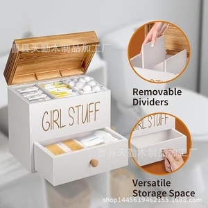 Caja de almacenamiento de madera con tapa para productos de higiene femenina, tampones y detergente para ropa; incluye cajón. - Product Image 1