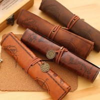 Pochette à crayons enroulable en cuir PU vintage, grande capacité, organiseur de rangement pour stylos, papeterie portable pour l'école et le bureau