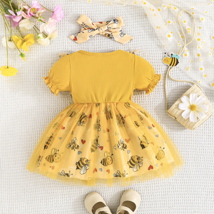 ชุดเซ็ตสองชิ้นลำลองสำหรับเด็กผู้หญิงตัวเล็ก ชุดเดรสตาข่ายน่ารักประดับโบว์ พร้อมผ้าโพกศีรษะสำหรับเด็ก - Product Image 6