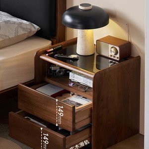 Solid Wood Nightstand Modern Minimalist North American Black <b>Walnut</b> 2 <b>Drawers</b> 1 Compartment Bedroom Storage - Product Image 3