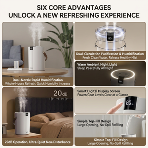 Humidificador Ultrasónico Blanco de 1.5L con Doble Rociador, Relleno Superior, Pantalla Digital, Luz Nocturna, Portátil, de Sobremesa para el Hogar - Product Image 6