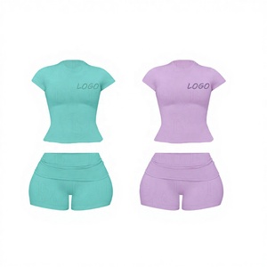 Ensemble T-shirt et short en coton léger et tendance pour femme, avec logo personnalisé, coupe ajustée - Product Image 2