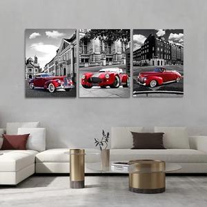 Affiches de décoration intérieure en 3 parties, paysage en noir et blanc de rue de ville nostalgique, peinture murale de voiture rouge, impressions sur toile tendue - Product Image 3