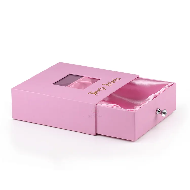 Custom Logo Rigid Satin Inside Sliding Out Drawer Box Hair Cosmetic Packaging Pink Paper Gift Box With Clear Window
