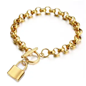 Top quality high trendy fashion custom silver/gold plated stainless steel padlock lock charm dangle bracelet with toggle clasp