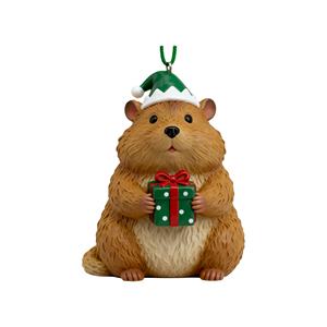 งานฝีมือเรซิ่นแบบกำหนดเอง - ตุ๊กตากราวด์ฮอกอ้วนสวมหมวกเอลฟ์ ถือกล่องของขวัญ ของตกแต่งคริสต์มาสสวยงาม - Product Image 1